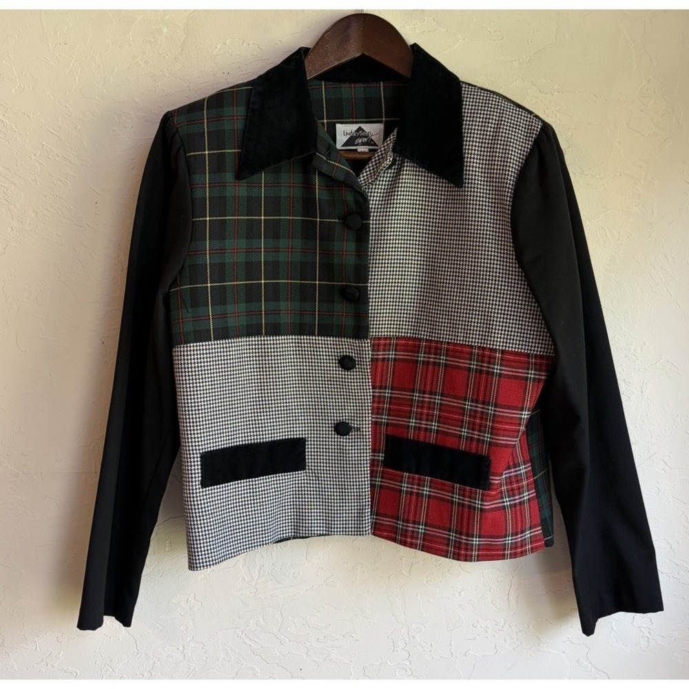 Vintage 90s Lindsay Scott Patchwork Plaid Boxy Jacket Blazer M Preppy Grunge